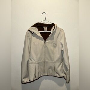 Gorpcore Fjällräven Softshell Jacket Tan Brown Hooded Women’s L‎ Outdoors Hiking